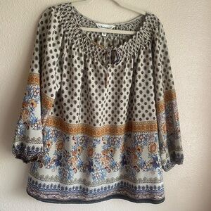 Tantrums Cream and Blue Smocked Blouse 3/4 Sleeve Relaxed Fit